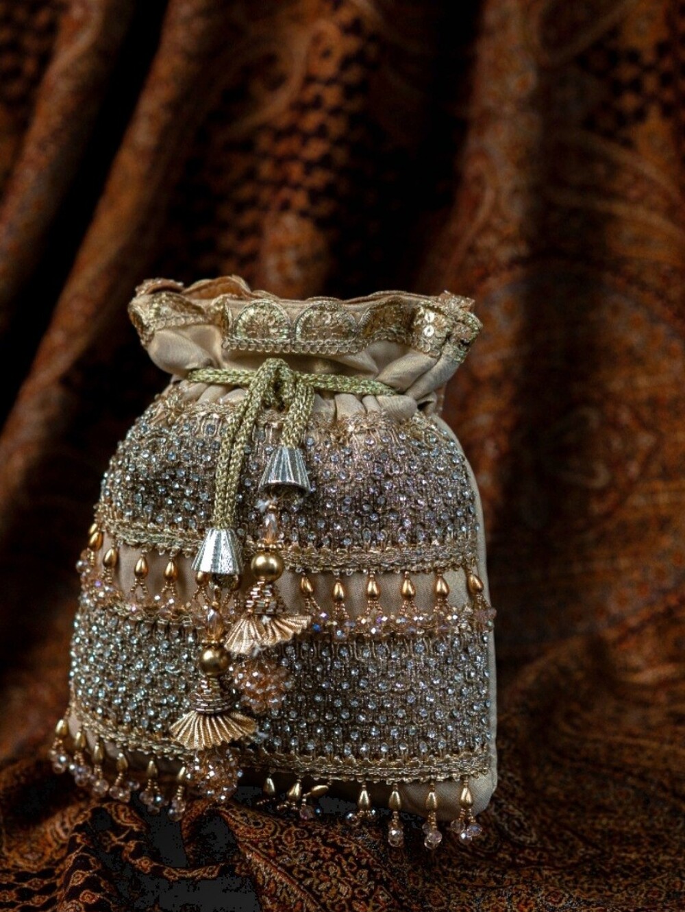 Embellished Gold Beaded Sheer Drawstring Potli Bag